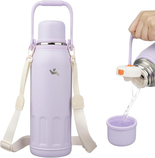 Insulated Water Bottle with Handle and Strap,Vacuum Travel Tumbler with Cup Lid,Thermo Coffee Cup for Hot Cold Drinks 50 OZ,Purple