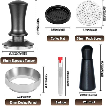 Espresso Accessories Kit 53mm, Spring Loaded Calibrated Espresso Tamper, Wdt Tool Espresso and Silicone Tamper Mat,Dosing Funnel, Coffee Puck Screen and 12 Replacement Needles Fit 53mm Portafilters