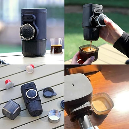 Portable Hand press Coffee Maker with with Capsule Compartment and Coffee Powder Bowl & Travel Mug - Compact Espresso Machine for Home, Travel, Manual Coffee Brewing