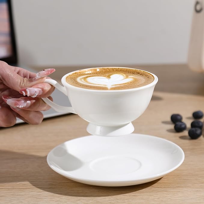 Fine Bone China Espresso Cups and Saucers Set of 4, 5 Oz Classic Plain White Luxury Ceramic Coffee Cups Set, for Wedding, Afternoon Tea, Gift, Work, Festival