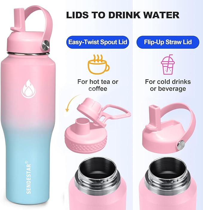 SENDESTAR 40oz Stainless Steel Water Bottle(Cold for 48 Hrs, Hot for 24 Hrs),Double Wall Vacuum Insulated Bottle with Straw Lid, Spout Lid and Flex Cap, Fit in Any Car Cup Holder 40-car-1-Pink-B-1