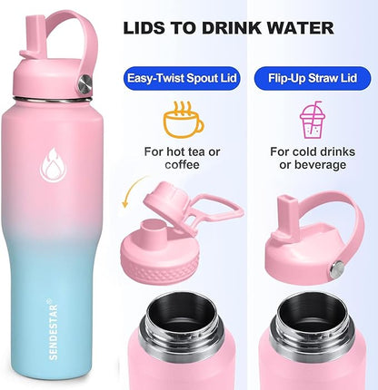 SENDESTAR 40oz Stainless Steel Water Bottle(Cold for 48 Hrs, Hot for 24 Hrs),Double Wall Vacuum Insulated Bottle with Straw Lid, Spout Lid and Flex Cap, Fit in Any Car Cup Holder 40-car-1-Pink-B-1