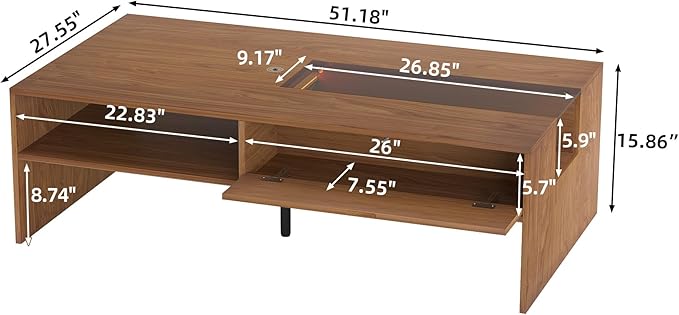 Coffee Table with LED Lights, 51" Modern Rectangular Living Room Center Table with Storage Shelves & Hidden Compartment, Stylish Tea Table for Apartment, Home, Office
