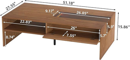 Coffee Table with LED Lights, 51" Modern Rectangular Living Room Center Table with Storage Shelves & Hidden Compartment, Stylish Tea Table for Apartment, Home, Office