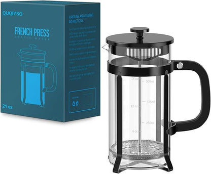QUQIYSO French Press Coffee Maker 304 Stainless Steel French Press with 4 Filter, Heat Resistant Durable, Easy to Clean, Borosilicate Glass Coffee Press, 100% BPA Free Glass Teapot, 21 ounce, Black