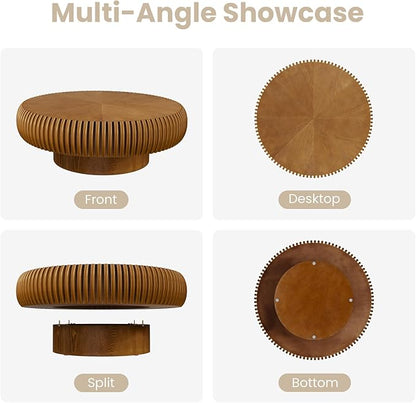 Round Fluted Coffee Table Modern Handcraft Drum Coffee Table with Sturdy Pedestal 39.37" Farmhouse Center Table Tea Table for Living Room, Reception Room, Entertainment Room (Brown 39.37")