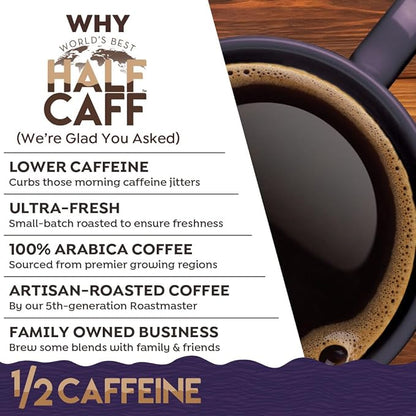 World's Best Half Caff Espresso Roast Coffee Pods, 18 ct, Dark Roast in Recyclable Single Serve Pods – 100% Arabica Coffee, Compatible with Keurig K Cups Maker