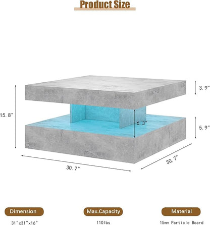 Grey LED Coffee Table for Living Room, Living Room Table 2-Tier Square Middle Center Table, Modern Coffee Tables with Storage, Contemporary Wood Tea Tables for Dining Reception