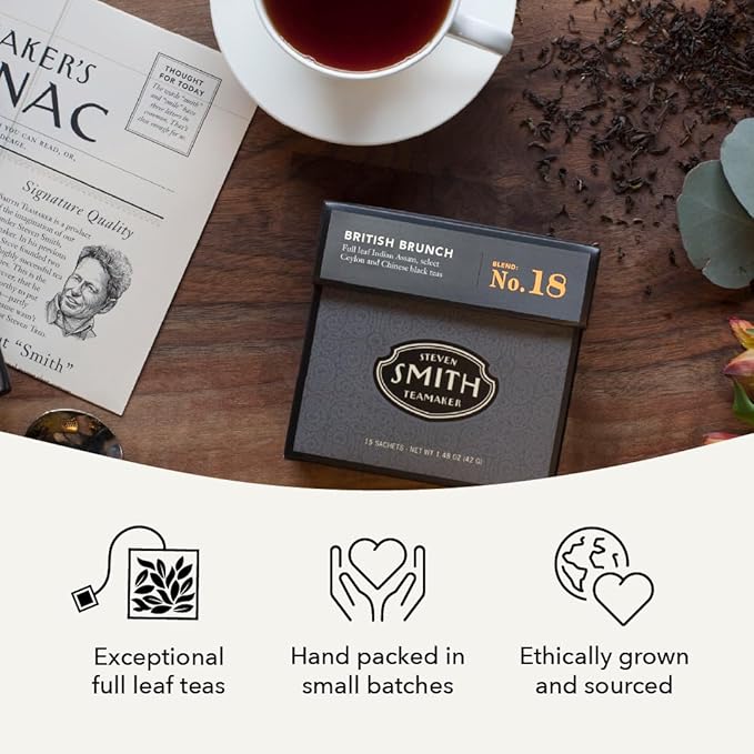Steven Smith Teamaker British Brunch No. 18, Caffeinated, Sugar-Free, Full Leaf, English Breakfast Black Tea Bags 15 Sachets, 1.48oz each