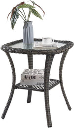 Load image into Gallery viewer, HUMMUH Patio Wicker Side Table Outdoor, Rattan End Table Glass Top Coffee Table with Storage Grey