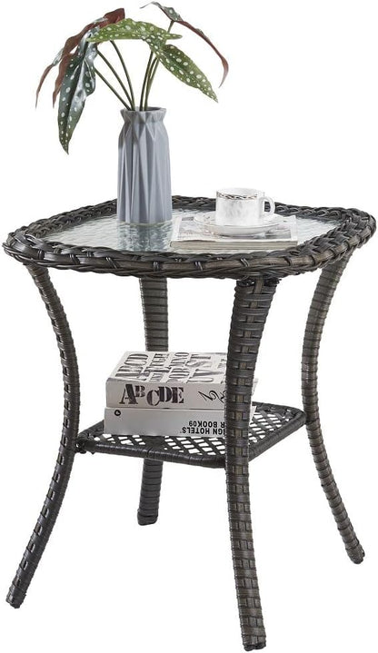 HUMMUH Patio Wicker Side Table Outdoor, Rattan End Table Glass Top Coffee Table with Storage Grey