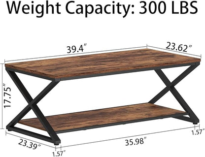 HSH Wood Coffee Table with Storage, Farmhouse Rustic Brown Coffee Table for Living Room, Modern Minimalist 2 Tier Center Table, Simple Rectangle Cocktail Tea Table in Home Office Bedroom, 39 Inch
