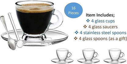 BOHEM'S Espresso Cups, 3.2 oz Small Demitasse Clear Glass Espresso Drinkware, Set Of Cups, Saucers and Stainless Steel mini Spoons + Free Glass Spoons (set of 4)
