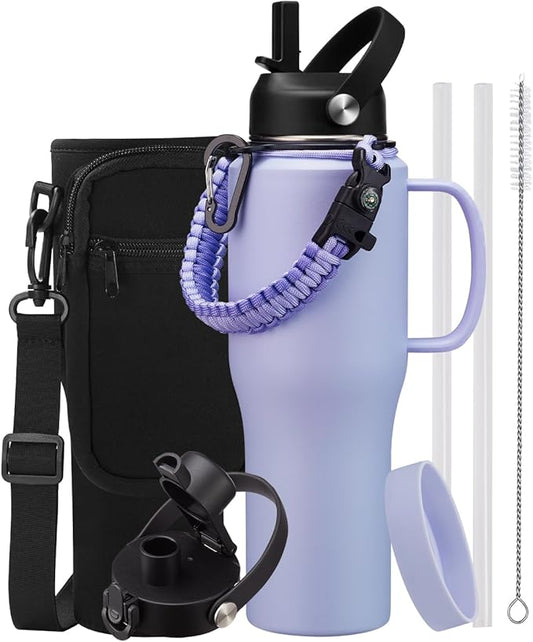 32 oz Insulated Water Bottle with Straw - Cold 48H & Hot 12H, Metal Water Bottle with Auto Spout Lid, Strap Carrier Pouch, Paracord Handle & Protective Boot, Travel Coffee Flask for Car Gym Office