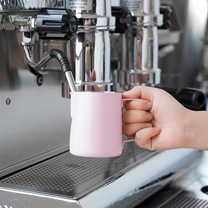 watchget Stainless Steel Milk Frothing Pitcher 12oz/350ml - Espresso Steaming Pitcher for Cappuccino, Latte Art, Coffee Machine Accessories Milk Jug Coffee Frother Cup, Pink