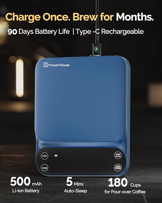 Maestri House S3 Coffee Scale with Timer, 3kg/0.1g Rechargeable Digital Scale, 3 Brew Modes, Adjustable Ratios & Flow Rate Display, Barista-Grade for Pour-Over, Espresso, French Press – Blue