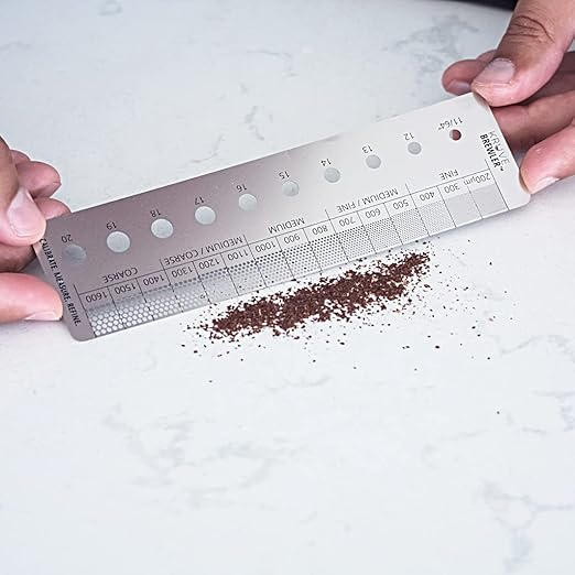 KRUVE Brewler Coffee Grind Ruler - Stainless Steel Coffee Bar Accessories for Home, Coffee Grind Size 200-1600 Microns, Green Bean Grading 11/64-20/64, 5.9 Inch Ruler, Conversion Chart, Magnetic Guide