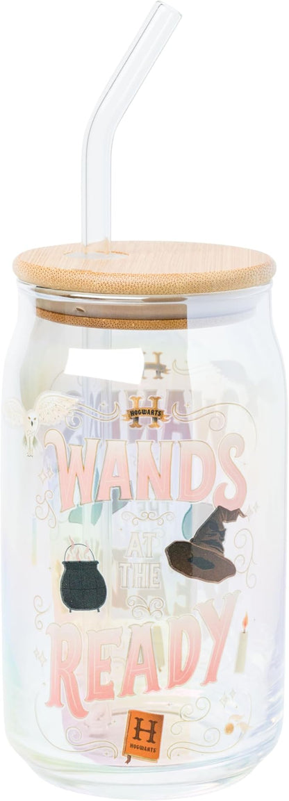 Silver Buffalo Harry Potter Iconic Icons Pattern Wands at the Ready 2 Pack Glass Jar Tumbler with Bamboo Lid and Glass Straw, 16 Ounces