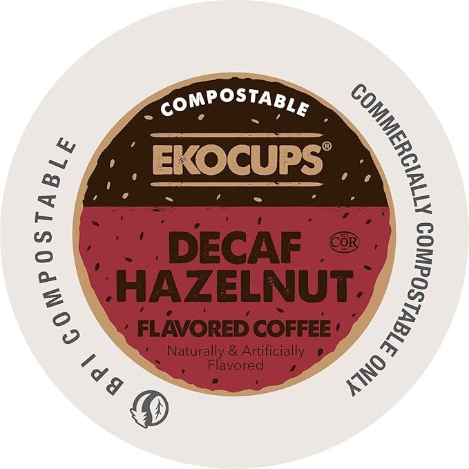 Ekocups Decaf Hazelnut Coffee Pods – Medium Roast, Swiss Water Process, Compostable, Plant-Based & Freshness-Sealed – French Press-Quality Brew – K-Cup Brewer Compatible – 80ct
