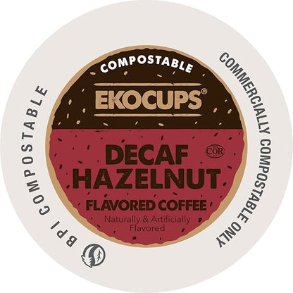Ekocups Decaf Hazelnut Coffee Pods – Medium Roast, Swiss Water Process, Compostable, Plant-Based & Freshness-Sealed – French Press-Quality Brew – K-Cup Brewer Compatible – 80ct