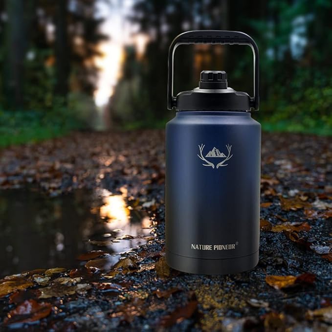 NATURE PIONEOR One Gallon Water Bottle Insulated - Large Double Vacuum Stainless Steel 128 oz Water Bottle with Holder/Carrier, 1 Gallon Water Jug,128oz, Wide Mouth