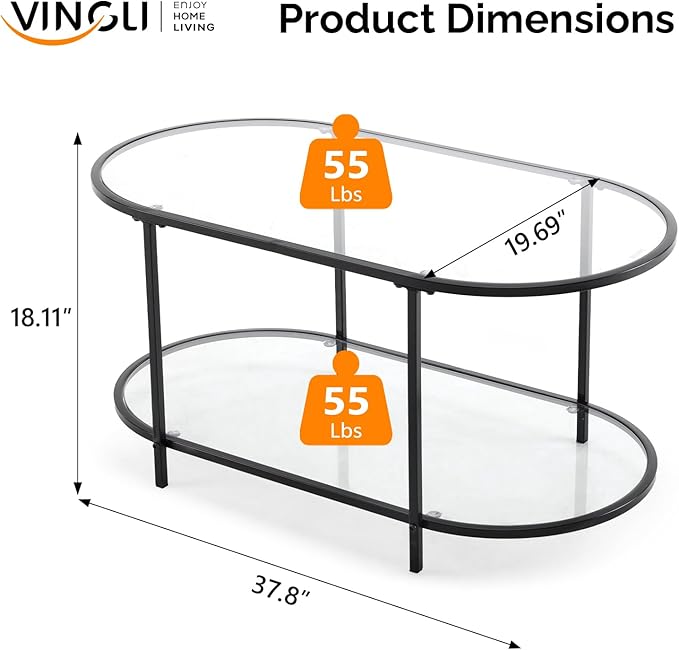 VINGLI Glass Coffee Table, 38" Oval Coffe Table for Home Decor, Modern Tea Table with 2-Tier Storage, Skinny Coffee Tables for Living Room, Office, Small Space, Black