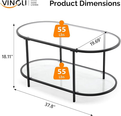 VINGLI Glass Coffee Table, 38" Oval Coffe Table for Home Decor, Modern Tea Table with 2-Tier Storage, Skinny Coffee Tables for Living Room, Office, Small Space, Black