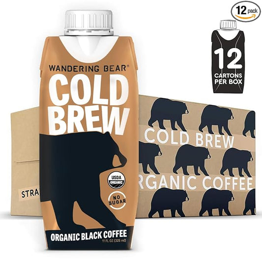Wandering Bear Straight Black Organic Cold Brew Coffee On-the-Go, 11 fl oz, 12 pack - Extra Strong, Bold, Smooth, Unsweetened, Shelf-Stable, Ready to Drink, 100% Organic Iced Cold Brewed Coffee Drinks