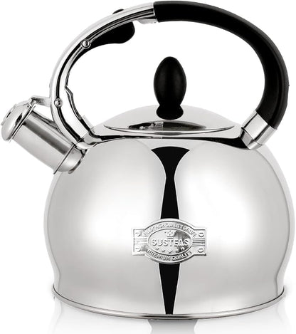 SUSTEAS Stove Top Whistling Tea Kettle - Food Grade Stainless Steel Teakettle Teapot with Cool Touch Ergonomic Handle, With 1 Silicone Pinch Mitt Included,2.64 Quart(SILVER)