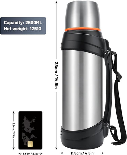 Large Thermosflask- 85oz Stainless Steel Insulated Bottle for Travel with BPA Free Cup - 2.5L Oversized Vacuum Insulated Thermoses with Handle and Strap for Hot & Cold Drinks(Silver)