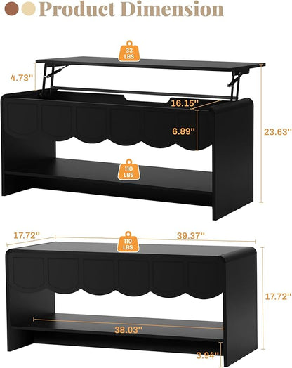 Lift Top Coffee Table with Hidden Compartment, 2 Tier Wooden Center Table with Wave Panel, Modern Lift Tabletop for Home Living Room Office, Black