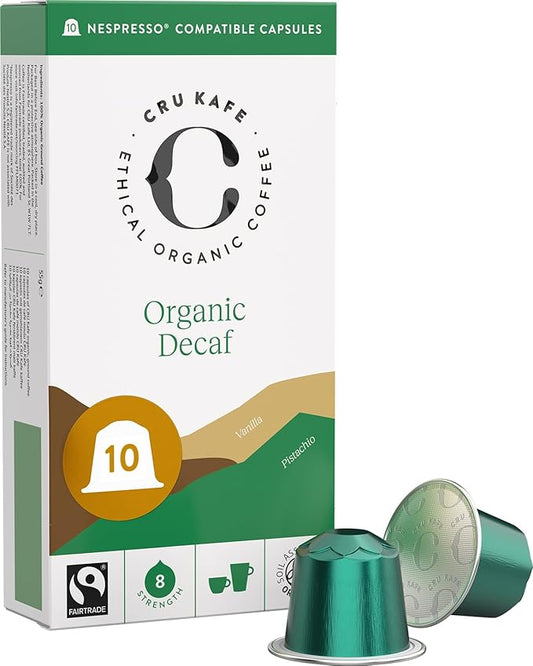Cru Kafe Decaf USDA Organic Espresso Coffee Capsules (10 Pods) Fairtrade Coffee Pods Compatible with Nespresso Original Line and Pixie Machines