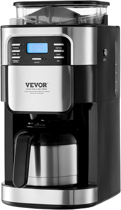 VEVOR Coffee Maker with Grinder, 8 Cup Coffee Machine, Grind and Brew Coffee Maker with 3 Brew Strength Control, 24-Hour Timer for Auto Brew, for Home Office Restaurant