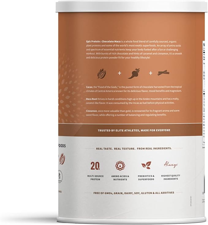 Sprout Living Epic Protein, Plant Based Protein & Superfoods Powder, Chocolate Maca Powder | 20 Grams Organic Protein Powder, Vegan, Non Dairy, Non-GMO, Gluten Free, Low Sugar (2 Pound, 24 Servings)