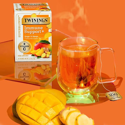 Twinings Superblends Immune Support+ Herbal Tea with Vitamin C, Ginger & Mango Flavoured Green Tea, 16 Tea Bags (Pack of 1), Enjoy Hot or Iced