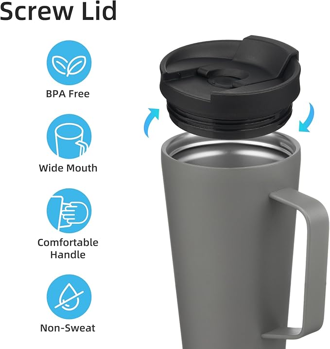 Insulated Tumbler with Handle and Straw, 18 OZ Travel Coffee Mug Stainless Steel Cup Metal Water Bottle,Grey
