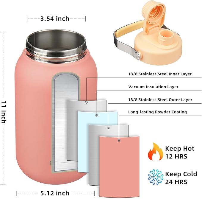 BJPKPK Half Gallon Insulated Water Bottles, 64oz Water Jug with Metal Handle & BPA Free Spout Lid, Dishwasher Safe Thermo, Large Stainless Steel Gym Sport Jugs, Pink