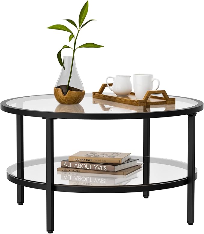 29.5" Round Glass Coffee Table, 2-Tier Modern Black Glass & Metal End Table for Living Room, Mid Century Accent Table with Lower Shelf, 29.5" D x 16.5" H