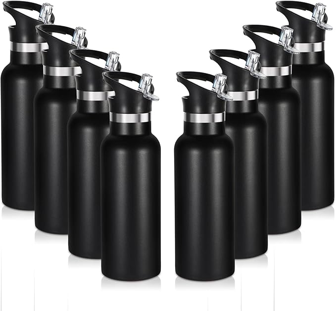 Volhoply 17oz Insulated Water Bottle Bulk 8 Pack,Stainless Steel Kids Water Bottles with Straw Lid,Double Wall Vacuum Metal Water Bottle,Reusable Sports School Flask Keep Cold (Black,8 Set)