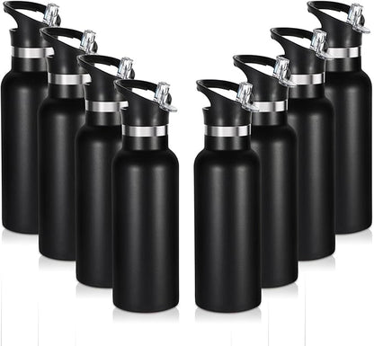 Volhoply 17oz Insulated Water Bottle Bulk 8 Pack,Stainless Steel Kids Water Bottles with Straw Lid,Double Wall Vacuum Metal Water Bottle,Reusable Sports School Flask Keep Cold (Black,8 Set)