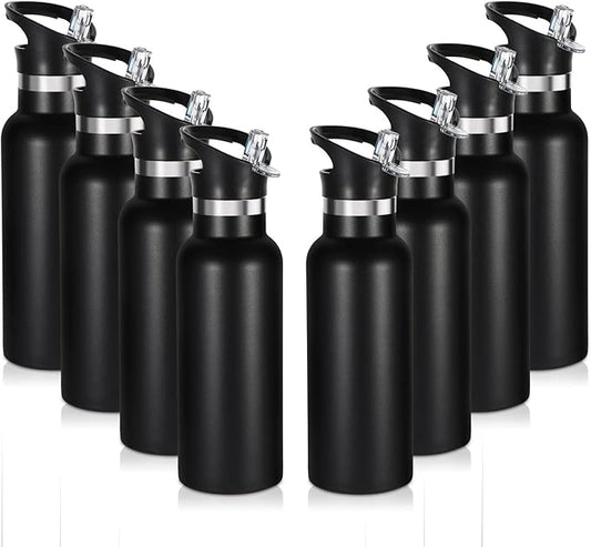 Volhoply 17oz Insulated Water Bottle Bulk 8 Pack,Stainless Steel Kids Water Bottles with Straw Lid,Double Wall Vacuum Metal Water Bottle,Reusable Sports School Flask Keep Cold (Black,8 Set)