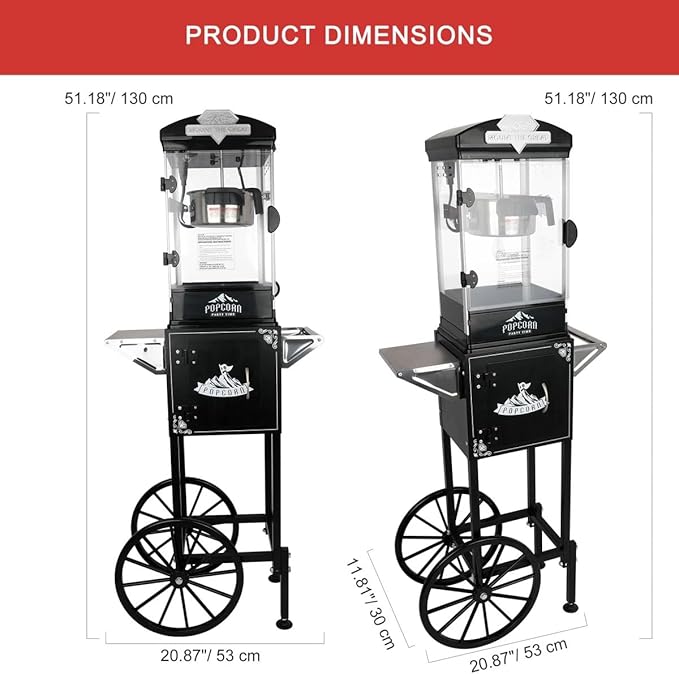 Portable Popcorn Machine with Cart & Wheels, 10 Oz Commercial Popcorn Maker with Kettle, Includes 3 Measuring Spoons for Home Theater, Parties, Events