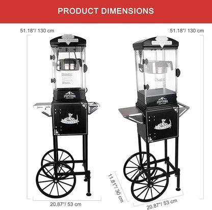Portable Popcorn Machine with Cart & Wheels, 10 Oz Commercial Popcorn Maker with Kettle, Includes 3 Measuring Spoons for Home Theater, Parties, Events