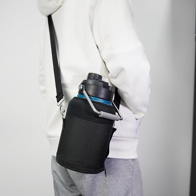 Half Gallon Jug with Handle,64 oz Insulated Water Bottle with Carrying Pouch,Double Wall Vacuum Stainless Steel Metal Bottle,Storm Blue