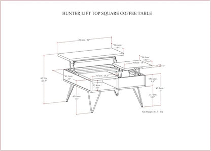 SIMPLIHOME Hunter Lift Top Coffee Table - 32 inch Wide Solid Walnut Veneer and Metal Industrial Square Cocktail Table, Living Room Table with Dual Lift Tops, Hidden Storage and Hairpin Legs
