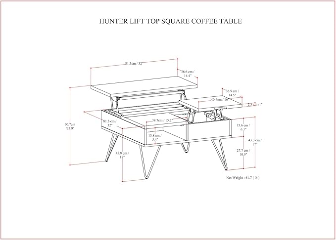 SIMPLIHOME Hunter Lift Top Coffee Table - 32 inch Wide Solid Walnut Veneer and Metal Industrial Square Cocktail Table, Living Room Table with Dual Lift Tops, Hidden Storage and Hairpin Legs