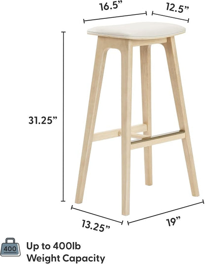 Plank+Beam Beryl Bar Height Stool - Mid-Century Modern Rubberwood Bar Stool with Faux Leather Seat, Metal Footrest, Easy Assembly, Blonde/Sesame