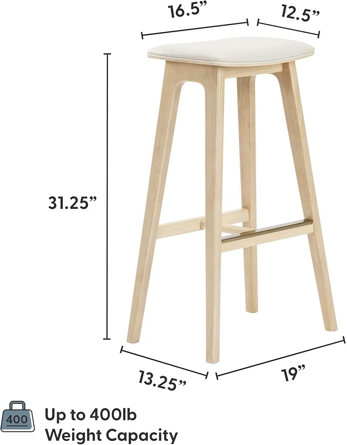 Plank+Beam Beryl Bar Height Stool - Mid-Century Modern Rubberwood Bar Stool with Faux Leather Seat, Metal Footrest, Easy Assembly, 2-Pack, Blonde/Sesame