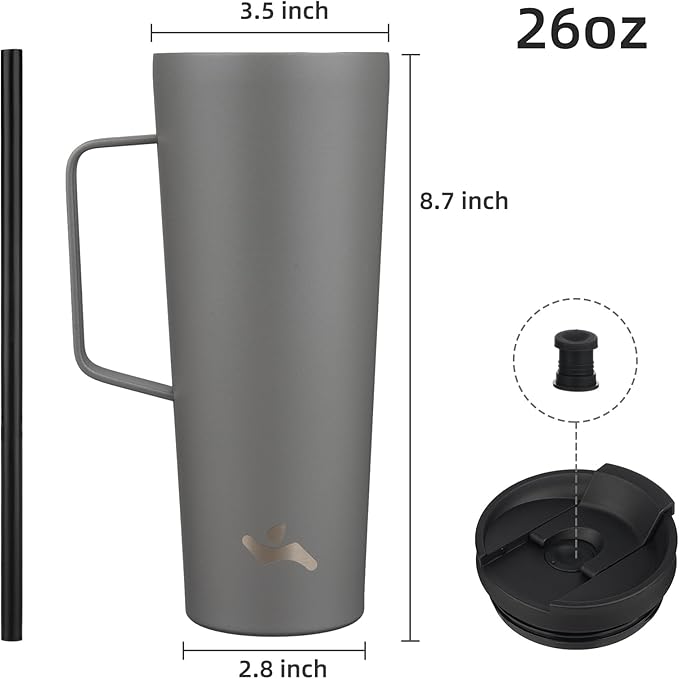 Insulated Tumbler with Handle and Straw, 26 OZ Travel Coffee Mug Stainless Steel Cup Metal Water Bottle,Grey