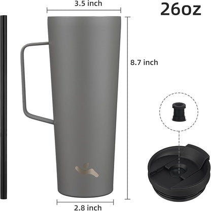 Insulated Tumbler with Handle and Straw, 26 OZ Travel Coffee Mug Stainless Steel Cup Metal Water Bottle,Grey